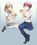  aki_(neyuki41028) aldnoah.zero blonde_hair boots clothes_around_waist eating food green_eyes holding_pizza kneehighs loafers long_hair midriff military military_uniform miniskirt multiple_girls navel necktie nina_klein open_mouth pizza purple_eyes rayet_areash red_hair red_neckwear school_uniform scrunchie shoes short_hair skirt smile tank_top twintails uniform wrist_scrunchie 