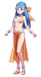  774_(nanashi) anklet bikini_top blue_eyes blue_hair blush bow bracelet braid breasts choker dancer's_costume_(dq) dragon_quest dragon_quest_heroes dragon_quest_v earrings flora full_body hair_bow jewelry large_breasts loincloth long_hair lowres pelvic_curtain pixel_art sandals solo white_background 