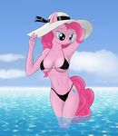  anthro bikini blue_eyes breasts clothing equine female friendship_is_magic fur hair half-closed_eyes hat horse kasaler long_hair mammal my_little_pony navel outside pink_fur pink_hair pinkie_pie_(mlp) pony smile solo standing swimsuit water 