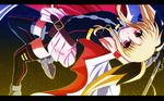  arched_back armpits bardiche blonde_hair cape fate_testarossa hair_ribbon highres letterboxed long_hair looking_at_viewer lyrical_nanoha mahou_shoujo_lyrical_nanoha red_eyes ribbon smile solo tappa_(esperanza) thighhighs twintails upside-down 