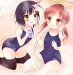  :d bad_id bad_pixiv_id bathroom black_hair black_legwear blush brown_eyes brown_hair competition_school_swimsuit fang gochuumon_wa_usagi_desu_ka? jouga_maya kneeling kujou_danbo long_hair multiple_girls natsu_megumi one-piece_swimsuit open_mouth school_swimsuit short_hair shower_head showering sitting smile swimsuit thighhighs twintails white_legwear 