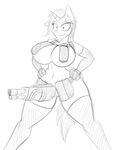  2015 anthro armor big_breasts black_and_white breasts cleavage clothed clothing dickgun elbow_gloves equine fan_character gloves gun hair hands_on_hips horn jrvanesbroek kill_la_kill legwear looking_at_viewer mammal monochrome my_little_pony plain_background pose ranged_weapon sketch solo stockings unicorn weapon white_background 