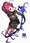  entoma_vasilissa_zeta glowing glowing_eye looking_back official_art ofuda overlord_(maruyama) pink_eyes pink_hair smile so-bin striped striped_legwear sweater thighhighs 