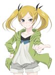  blonde_hair blush collarbone cowboy_shot foreshortening grey_eyes hair_ornament hairclip hand_on_hip highres hood hoodie long_hair looking_at_viewer pointing shirobako shorts smile solo tomcat twintails yano_erika 