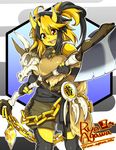  agawa_ryou ahoge axe breasts brown_eyes chain fang horns medium_breasts oni original pointy_ears smile solo weapon yellow_skin 