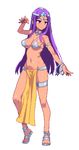  774_(nanashi) bikini_top bracelet breasts circlet dark_skin dragon_quest dragon_quest_iv jewelry large_breasts loincloth long_hair lowres manya pelvic_curtain pixel_art purple_eyes purple_hair sandals smile solo white_background 