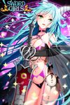  aqua_eyes bare_shoulders black_gloves breasts choker cleavage copyright_name elbow_gloves gloves green_eyes horns lips long_hair medium_breasts myoya navel open_mouth solo sword sword_girls tattoo weapon 