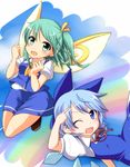  ;d ahoge ascot blue_eyes blue_hair cirno collared_shirt daiyousei dress fairy_wings fist_pump flying green_eyes green_hair ice ice_wings looking_at_viewer messy_hair nitizyo one_eye_closed open_mouth rainbow shirt short_hair side_ponytail skirt skirt_set smile touhou tsurime vest wings 
