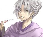  akatsuki_no_yona brown_eyes earrings gi-gan_(akatsuki_no_yona) grey_hair jewelry jin_(phoenixpear) old_woman pipe simple_background solo tied_hair white_background 