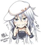  blue_eyes fingersmile grin hibiki_(kantai_collection) kantai_collection lockheart long_hair looking_at_viewer school_uniform serafuku smile solo translation_request verniy_(kantai_collection) white_hair 