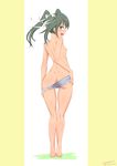  2015 :d artist_name ass back bow breasts butt_crack dated dimples_of_venus fang francesca_lucchini from_behind green_eyes green_hair hair_bow highres long_legs looking_back nipples open_mouth panties panty_pull petite simple_background small_breasts smile solo stormcow strike_witches striped striped_panties topless tsurime twintails underwear underwear_only world_witches_series 