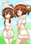  2girls animal_costume bandeau bare_shoulders blush brown_eyes brown_hair folded_ponytail hair_ornament hairclip horns ikazuchi_(kantai_collection) inazuma_(kantai_collection) inyucchi kantai_collection kemonomimi_mode looking_at_viewer multiple_girls open_mouth sheep_costume sheep_horns skirt skirt_set strapless 