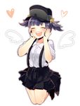  abe_(kumayu) blue_hair hands_on_own_cheeks hands_on_own_face hat heart highres kantai_collection ooshio_(kantai_collection) short_hair smile solo suspenders twintails wings 