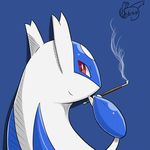  2015 aokabike back blue_background claws dragon feral latios legendary_pok&eacute;mon looking_at_viewer looking_back male nintendo pipe plain_background pok&eacute;mon red_eyes shadow smile smoke solo video_games 