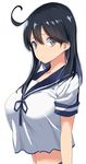  ahoge black_hair breasts brown_eyes crop_top crop_top_overhang highres huge_breasts kantai_collection kloah long_hair looking_at_viewer looking_to_the_side midriff navel school_uniform serafuku short_sleeves simple_background solo upper_body ushio_(kantai_collection) white_background 