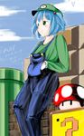  :t ?_block blue_eyes blue_overalls blush cloud cosplay crossover dated day drainpipe eating gloves green_eyes green_hat green_shirt hair_bobbles hair_ornament hands_in_pockets hat highres kawashiro_nitori leaning_back luigi luigi_(cosplay) mario_(series) mushroom overalls shirt signature solo super_mario_bros. super_mushroom touhou two_side_up warp_pipe white_gloves 