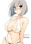  2015 :/ alternate_costume artist_name bare_shoulders bikini blue_eyes blush breasts cleavage collarbone cosplay criss-cross_halter dated hair_ornament hair_over_one_eye hairclip halter_top halterneck hamakaze_(kantai_collection) kantai_collection kantai_collection_(anime) large_breasts looking_at_viewer nagato_(kantai_collection) nagato_(kantai_collection)_(cosplay) navel nose_blush number short_hair silver_hair sketch solo swimsuit tsurime twitter_username white_background zekkyon 