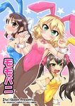  &gt;:( animal_ears black_hair blonde_hair bow bowtie brown_hair bunny_ears bunnysuit covered_navel detached_collar fang fishnet_pantyhose fishnets frown green_eyes idolmaster idolmaster_cinderella_girls long_hair matoba_risa multiple_girls nikyu pantyhose sakurai_momoka short_hair tachibana_arisu twintails v-shaped_eyebrows wrist_cuffs 