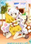  alternate_costume animal_ears artist_request bell brown_eyes card_(medium) cat_ears cat_tail cheese fake_animal_ears food jingle_bell kemonomimi_mode long_hair mahou_shoujo_madoka_magica mahou_shoujo_madoka_magica_movie momoe_nagisa object_hug official_art open_mouth sitting smile solo tail trading_card wariza white_hair 