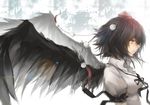  bad_id bad_pixiv_id black_hair black_wings breasts brown_eyes feathered_wings from_side hat highres lens_flare light_smile looking_to_the_side medium_breasts neck_ribbon pom_pom_(clothes) profile puffy_short_sleeves puffy_sleeves ribbon rotain shameimaru_aya short_hair short_sleeves solo tokin_hat touhou upper_body white_background wings 