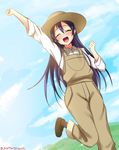  alternate_costume arm_up blue_hair clenched_hands closed_eyes farmer hat highres love_live! love_live!_school_idol_project solo sonoda_umi standing standing_on_one_leg straw_hat wrist_extended yu-ta 