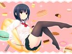  absurdres aoyama_sumika black_hair black_legwear bow bowtie brown_eyes cheesecake coffee-kizoku doughnut feet food green_skirt highres holding huge_filesize legs looking_at_viewer macaron original pancake parted_lips pleated_skirt red_bow school_uniform short_hair skirt solo sweater thighhighs waffle white_sweater zettai_ryouiki 