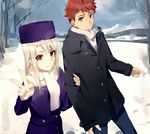  1girl brother_and_sister coat emiya_shirou fate/stay_night fate_(series) hat highres hunter.g illyasviel_von_einzbern long_hair purple_hat red_eyes red_hair scarf siblings snow v white_hair white_scarf winter_clothes 