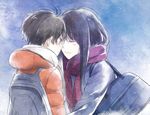  1girl aki_(neyuki41028) aldnoah.zero black_hair blush brother_and_sister brown_eyes kaizuka_inaho kaizuka_yuki long_hair scarf short_hair siblings smile snow winter_clothes 