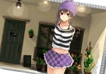  akira_(mr_akira) alternate_costume arms_behind_back beanie bra_strap brown_eyes brown_hair cafe casual checkered checkered_skirt contemporary dutch_angle flower_pot frilled_skirt frills hat himekaidou_hatate menu_board midriff open_sign outdoors shirt skirt solo standing striped striped_shirt touhou twintails unmoving_pattern 