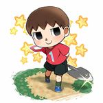  1boy agemono black_eyes blush brown_hair doubutsu_no_mori nintendo short_hair shorts shovel smile solo star stars super_smash_bros. villager_(doubutsu_no_mori) 