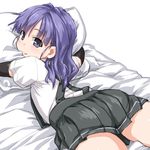  alternate_hairstyle blush dd_(ijigendd) grey_skirt hair_down kantai_collection long_hair lying on_stomach ooshio_(kantai_collection) open_mouth pillow pleated_skirt purple_eyes purple_hair short_sleeves simple_background skirt solo suspenders white_background 