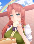  aqua_eyes bag bamboo_steamer baozi blue_sky braid breasts brick_wall cloud day eating fingernails food food_in_mouth grocery_bag hair_ribbon highres hong_meiling katsuko_wi_wi large_breasts long_hair looking_at_viewer no_hat no_headwear puffy_short_sleeves puffy_sleeves rainbow red_hair ribbon shopping_bag short_sleeves sky smile solo touhou tress_ribbon twin_braids 