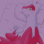  2015 aokabike bed blush claws dragon eyelashes female feral latias legendary_pok&eacute;mon looking_at_viewer lying nintendo on_bed open_mouth pillow pok&eacute;mon solo tongue video_games wings yellow_eyes 