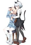 animal_ears black_legwear blonde_hair blue_eyes blush boots cat_ears chair closed_eyes eila_ilmatar_juutilainen holding_hands kinakomoti loafers long_hair military military_uniform multiple_girls open_mouth pantyhose sanya_v_litvyak shoes short_hair silver_hair simple_background sitting smile strike_witches tail uniform white_background white_footwear white_legwear world_witches_series 