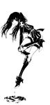  bangs black_footwear boots d.gray-man full_body greyscale high_heel_boots high_heels highres insignia knee_boots knee_pads lenalee_lee long_sleeves massuru monochrome ripples scrunchie sleeves_past_wrists solo thigh_strap twintails white_background 