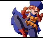  alena_(dq4) boots breasts brown_hair cape dragon_quest dragon_quest_iv fighting_stance gloves hat letterboxed long_hair medium_breasts open_mouth pantyhose red_eyes red_gloves semikichi simple_background solo white_background 