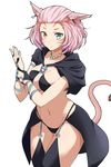  animal_ears bikini blue_eyes breasts cat_ears cat_tail earrings final_fantasy final_fantasy_xiv heterochromia highres jewelry large_breasts miqo'te necklace pink_hair pu-chin short_hair smile solo swimsuit tail thigh_gap thighhighs thighs yellow_eyes 