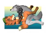  2015 anthro blush canine collar couple duo eyes_closed female fox fur happy happy_sex kantachibli lying male male/female mammal missionary_position nude on_back saliva sex tattoo tongue tongue_out wolf 
