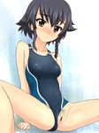  blush braid breasts censored competition_swimsuit girls_und_panzer highres one-piece_swimsuit orange_eyes pepperoni_(girls_und_panzer) pubic_hair purple_hair pussy small_breasts solo spread_legs spread_pussy swimsuit swimsuit_aside takafumi tape worried 