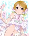  bow breasts flower hair_flower hair_ornament hairclip headset highres koizumi_hanayo love_live! love_live!_school_idol_project medium_breasts sekina short_hair solo striped striped_bow 