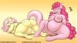  2015 anthro anthrofied areola big_breasts blush breasts crispychris cutie_mark dock duo earth_pony equine female female/female fluttershy_(mlp) friendship_is_magic hair hooves horse long_hair mammal my_little_pony navel nipples nude open_mouth overweight pegasus pinkie_pie_(mlp) pony pussy spread_legs spreading wings 