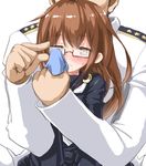  1girl admiral_(kantai_collection) black_serafuku blush brown_eyes brown_hair cleaning_glasses crescent dd_(ijigendd) glasses kantai_collection long_hair mochizuki_(kantai_collection) school_uniform serafuku simple_background white_background 