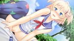  1girl blonde_hair blue_eyes blush breasts censored cloud clouds club_d game_cg girl_on_top highres honda_naoki legs looking_at_viewer lying no_panties school_uniform sex shimoda_hibari short_hair sitting sitting_on_person sky small_breasts smile thighs tree trees twintails vaginal 