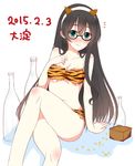  animal_print bangs beans bikini black_hair blush bottle box commentary_request dated glasses green_eyes hair_between_eyes hairband horns kantai_collection long_hair looking_at_viewer ooyodo_(kantai_collection) parted_bangs setsubun smile solo sotogawa_max straight_hair swimsuit tiger_print translation_request 