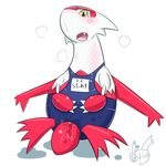  2015 anthro aokabike blush claws clothed clothing dragon female japanese_text latias legendary_pok&eacute;mon nintendo open_mouth panting pok&eacute;mon pussy pussy_juice solo sweat teeth text tongue translation_request video_games wings yellow_eyes 