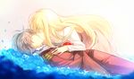  1girl aki_(neyuki41028) aldnoah.zero asseylum_vers_allusia blonde_hair blue_flower blue_rose closed_eyes dress flower kiss long_hair lying petals red_flower red_rose rose rose_petals short_hair slaine_troyard 