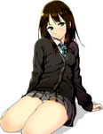  amano_don arm_support bad_id bad_pixiv_id blouse blue_eyes brown_hair cardigan highres idolmaster idolmaster_cinderella_girls long_hair looking_at_viewer miniskirt necktie panties pantyshot pantyshot_(sitting) pleated_skirt school_uniform shibuya_rin sitting skirt solo underwear white_blouse 