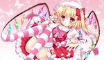  blonde_hair bow dutch_angle flandre_scarlet hair_bow hair_ribbon looking_at_viewer reaching red_eyes ribbon rikatan solo striped striped_legwear thighhighs thighs touhou wings wrist_cuffs 