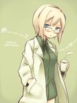  blonde_hair blue_eyes blush bob_cut character_name cup glasses kinosaki_(green_patio) labcoat mug open_mouth short_hair solo strike_witches ursula_hartmann world_witches_series 