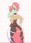  2015 3mangos anthro blue_eyes clothed clothing corset dress equine female green_skin hair horn horse looking_at_viewer mammal pink_hair pony short_hair smile solo standing unicorn wide_hips 